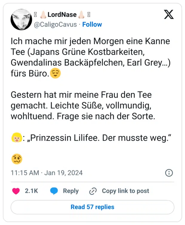 Ich mache mir jeden Morgen eine Kanne Tee (Japans Grüne Kostbarkeiten, Gwendalinas Backäpfelchen, Earl Grey…) fürs Büro.😌 Gestern hat mir meine Frau den Tee gemacht. Leichte Süße, vollmundig, wohltuend. Frage sie nach der Sorte. 👩🏼‍🦱: „Prinzessin Lilifee. Der musste weg.“ 🥴