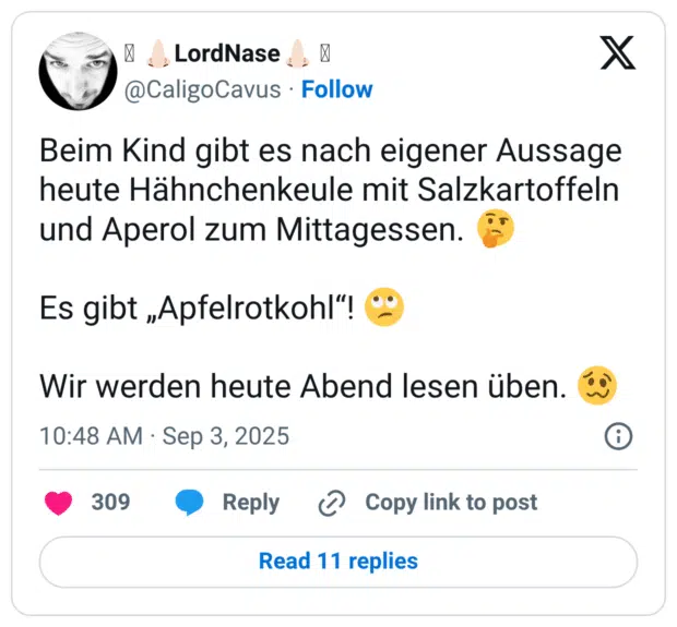 Beim Kind gibt es nach eigener Aussage heute Hähnchenkeule mit Salzkartoffeln und Aperol zum Mittagessen. 🤔 Es gibt „Apfelrotkohl“! 🙄 Wir werden heute Abend lesen üben. 🥴