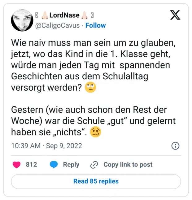 Wie naiv muss man sein um zu glauben, jetzt, wo das Kind in die 1. Klasse geht, würde man jeden Tag mit spannenden Geschichten aus dem Schulalltag versorgt werden? 🙄 Gestern (wie auch schon den Rest der Woche) war die Schule „gut“ und gelernt haben sie „nichts“. 🥴