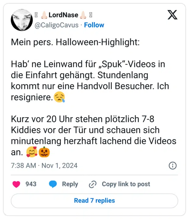Mein pers. Halloween-Highlight: Hab‘ ne Leinwand für „Spuk“-Videos in die Einfahrt gehängt. Stundenlang kommt nur eine Handvoll Besucher. Ich resigniere.😪 Kurz vor 20 Uhr stehen plötzlich 7-8 Kiddies vor der Tür und schauen sich minutenlang herzhaft lachend die Videos an. 🥰🎃