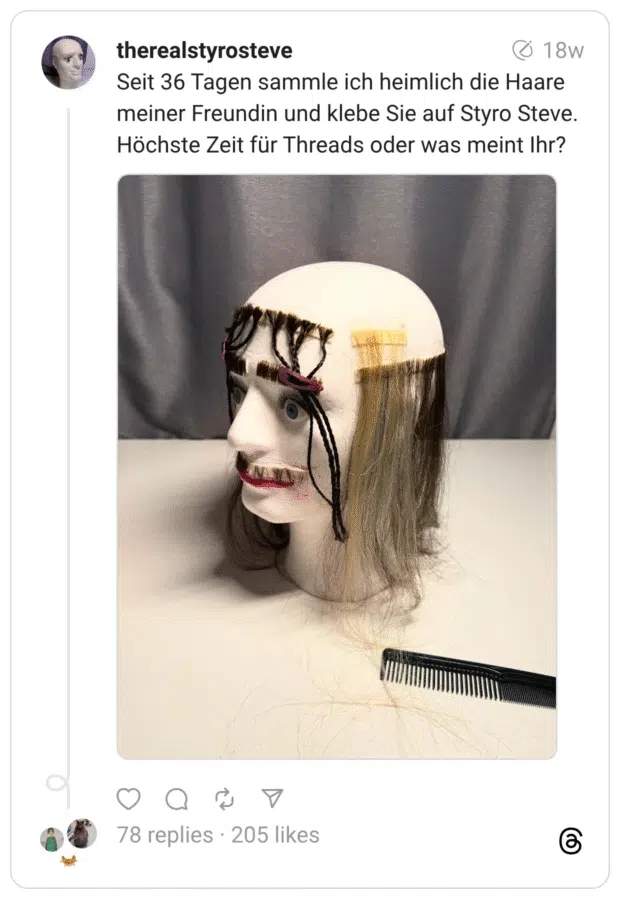 Seit 36 Tagen sammle ich heimlich die Haare meiner Freundin und klebe Sie auf Styro Steve. Höchste Zeit für Threads oder was meint Ihr?