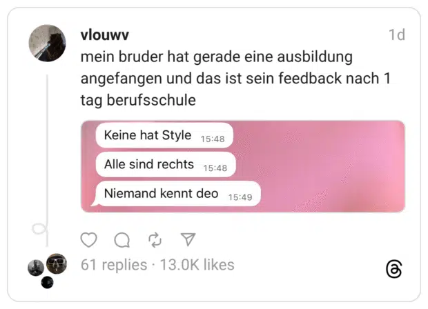 mein bruder hat gerade eine ausbildung angefangen und das ist sein feedback nach 1 tag berufsschule