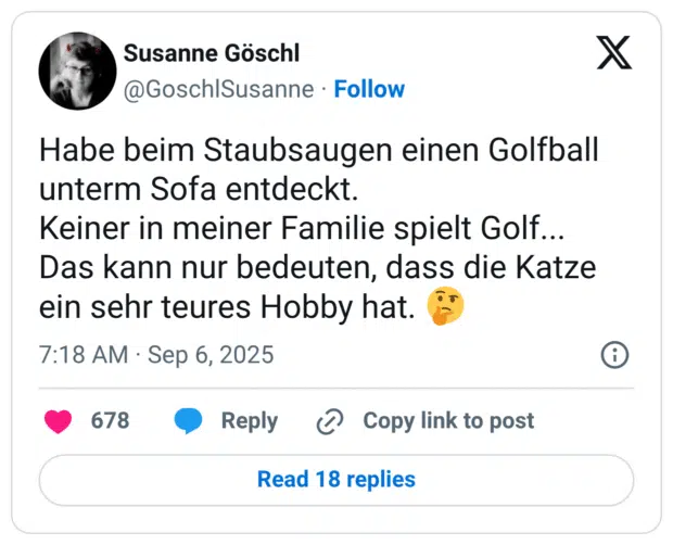 Habe beim Staubsaugen einen Golfball unterm Sofa entdeckt. Keiner in meiner Familie spielt Golf... Das kann nur bedeuten, dass die Katze ein sehr teures Hobby hat. 🤔