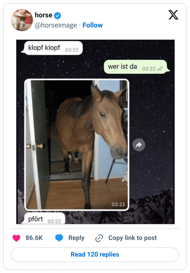 Tweet zeigt einen Chat-Screenshot: Nachricht „klopf klopf“ (03:22), Antwort „wer ist da“ (03:22). Darunter ein Foto, wie ein braunes Pferd nachts durch eine geöffnete Haustür in eine Wohnung tritt; Vorderbeine schon auf dem Holzfußboden, Flur im Hintergrund dunkel.