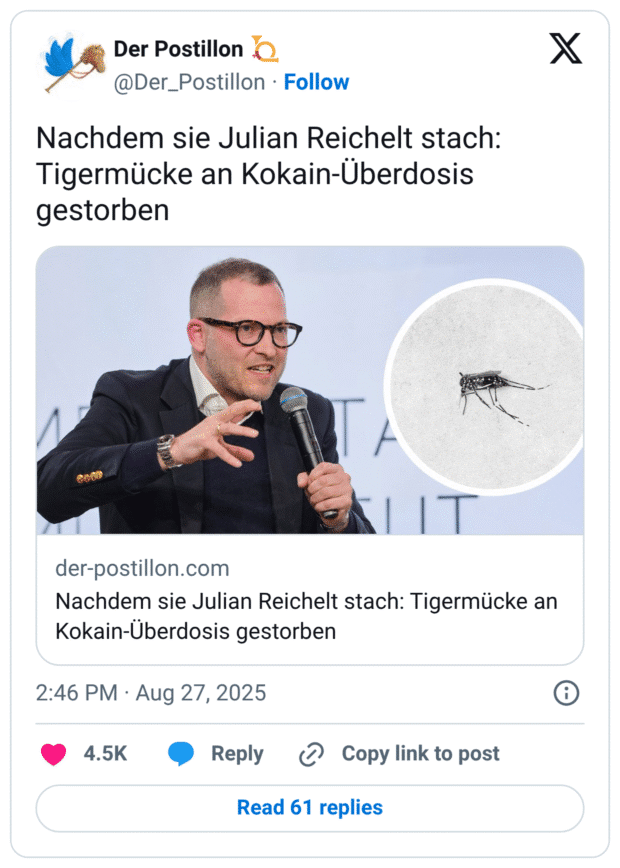Nachdem sie Julian Reichelt stach: Tigermücke an Kokain-Überdosis gestorben