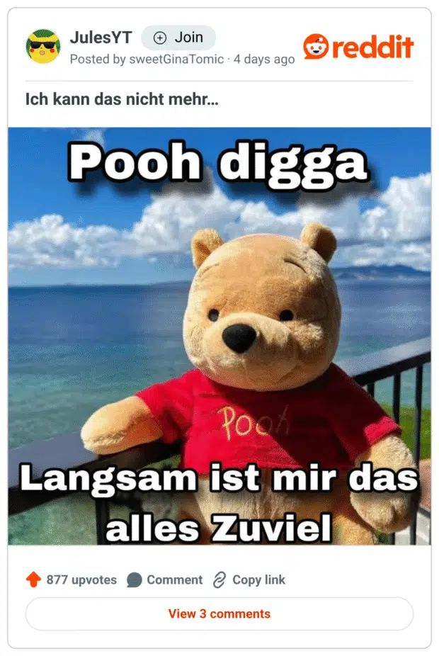 Memebild mit einem Winnie-the-Pooh-Plüschbär im roten „Pooh“-Shirt auf einem Balkon vor Meer und Himmel. Oben steht „Pooh digga“, unten „Langsam ist mir das alles zu viel“.