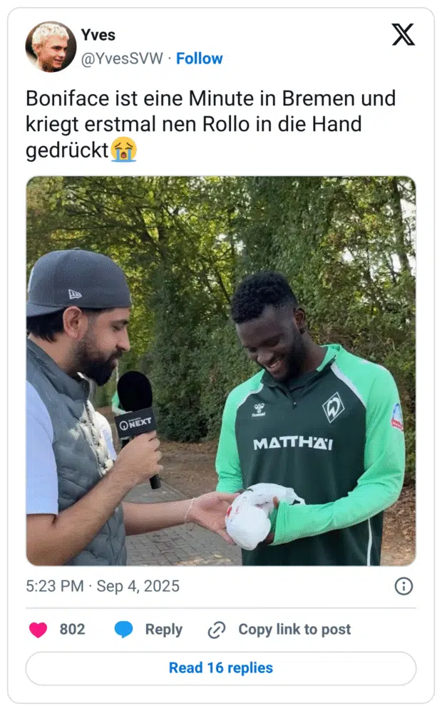 Boniface ist eine Minute in Bremen und kriegt erstmal nen Rollo in die Hand gedrückt😭