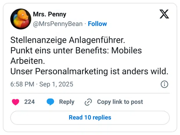 Stellenanzeige Anlagenführer. Punkt eins unter Benefits: Mobiles Arbeiten. Unser Personalmarketing ist anders wild.