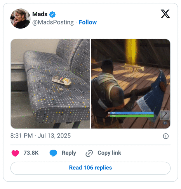 Zweier-Collage: Links ein leerer ÖPNV-Sitz, darauf eine kleine Schachtel und eine Münze. Rechts eine Fortnite-Szene mit gelb leuchtendem Loot (Waffe) auf dem Boden – wie ein „Drop“.