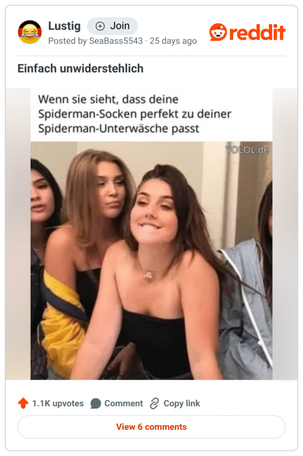 Reddit-Meme mit dem Titel „Einfach unwiderstehlich“. Oben steht: „Wenn sie sieht, dass deine Spiderman-Socken perfekt zu deiner Spiderman-Unterwäsche passt“. Darunter ein Foto von mehreren jungen Frauen; die in der Mitte beißt spielerisch auf die Unterlippe und schaut nach vorn.