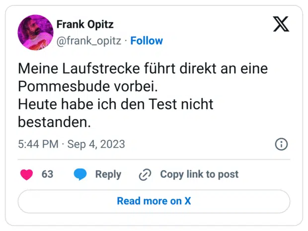 Meine Laufstrecke führt direkt an eine Pommesbude vorbei. Heute habe ich den Test nicht bestanden.