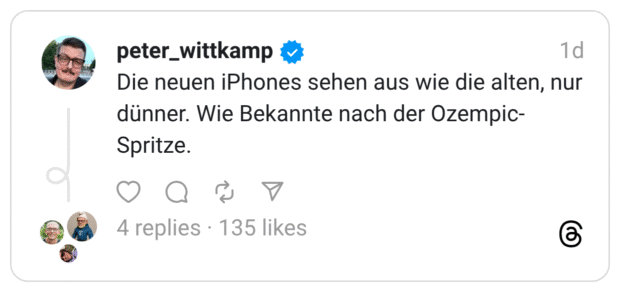 Die neuen iPhones sehen aus wie die alten, nur dünner. Wie Bekannte nach der Ozempic-Spritze.