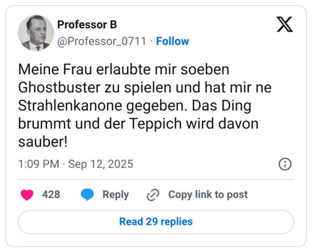 Meine Frau erlaubte mir soeben Ghostbuster zu spielen und hat mir ne Strahlenkanone gegeben. Das Ding brummt und der Teppich wird davon sauber!