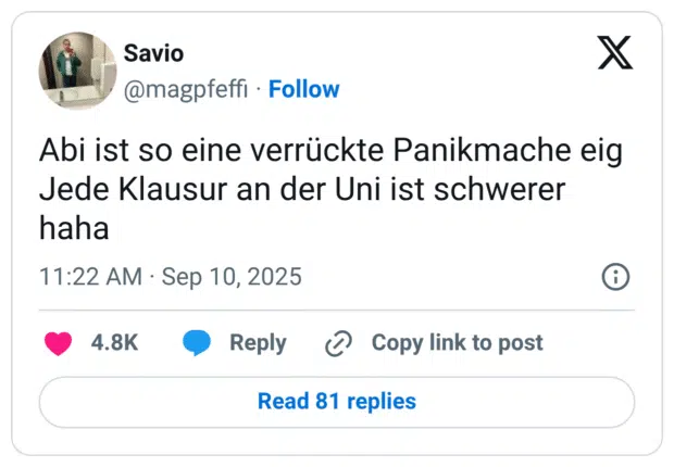 Abi ist so eine verrückte Panikmache eig Jede Klausur an der Uni ist schwerer haha