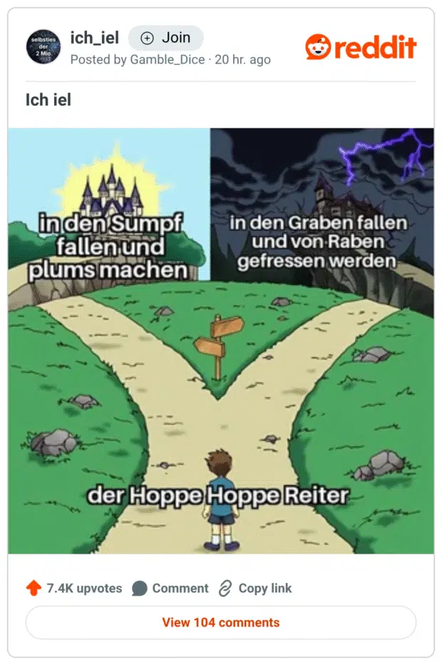 Cartoon-Meme: Ein Kind steht an einer Weggabelung. Links (helle Burg): „in den Sumpf fallen und plums machen“. Rechts (düstere Burg, Blitze): „in den Graben fallen und von Raben gefressen werden“. Unten drübergelegt: „der Hoppe Hoppe Reiter“ – Anspielung aufs Kinderlied.