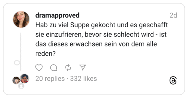 Hab zu viel Suppe gekocht und es geschafft sie einzufrieren, bevor sie schlecht wird - ist das dieses erwachsen sein von dem alle reden?