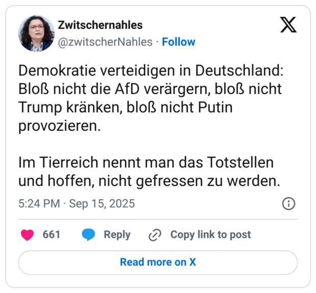 Demokratie verteidigen in Deutschland: Bloß nicht die AfD verärgern, bloß nicht Trump kränken, bloß nicht Putin provozieren. Im Tierreich nennt man das Totstellen und hoffen, nicht gefressen zu werden.