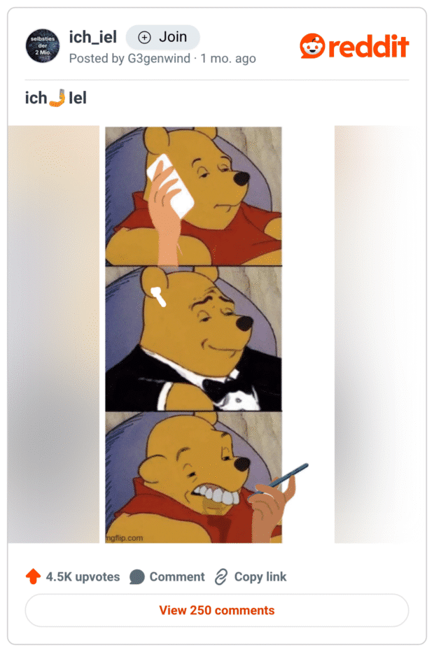 Dreiteiliges Winnie-the-Pooh-Meme: Oben hält Pooh ein Smartphone ans Ohr. In der Mitte sitzt er im Smoking mit einem kabellosen Earbud im Ohr. Unten klemmt er eine Zigarette lässig im Mundwinkel und hält sie wie ein Headset-Mikro – übertrieben selbstzufrieden/grinsend.