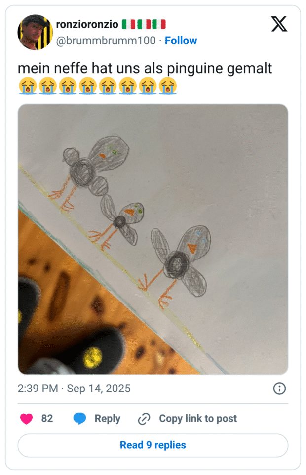 mein neffe hat uns als pinguine gemalt