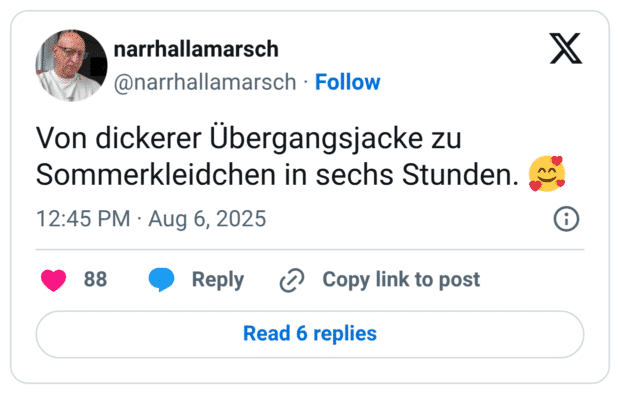 Von dickerer Übergangsjacke zu Sommerkleidchen in sechs Stunden. 🥰