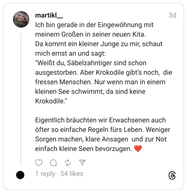 Ich bin gerade in der Eingewöhnung mit meinem Großen in seiner neuen Kita. Da kommt ein kleiner Junge zu mir, schaut mich ernst an und sagt: “Weißt du, Säbelzahntiger sind schon ausgestorben. Aber Krokodile gibt’s noch, die fressen Menschen. Nur wenn man in einem kleinen See schwimmt, da sind keine Krokodile.” Eigentlich bräuchten wir Erwachsenen auch öfter so einfache Regeln fürs Leben. Weniger Sorgen machen, klare Ansagen und zur Not einfach kleine Seen bevorzugen. :herz: