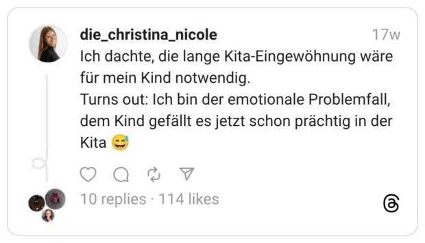 Ich dachte, die lange Kita-Eingewöhnung wäre für mein Kind notwendig. Turns out: Ich bin der emotionale Problemfall, dem Kind gefällt es jetzt schon prächtig in der Kita