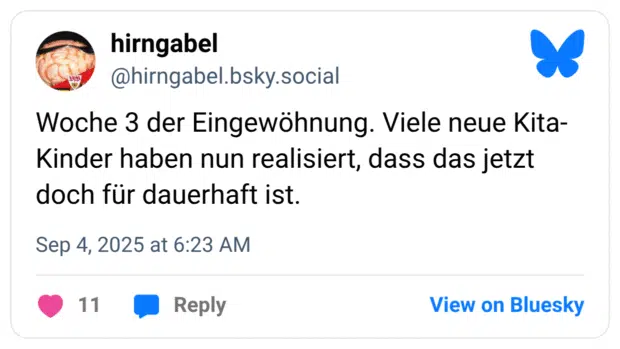 Woche 3 der Eingewöhnung. Viele neue Kita-Kinder haben nun realisiert, dass das jetzt doch für dauerhaft ist.