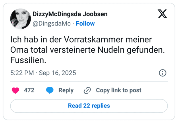 Ich hab in der Vorratskammer meiner Oma total versteinerte Nudeln gefunden. Fussilien.