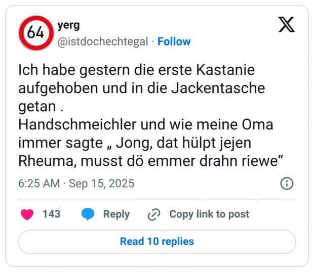 Ich habe gestern die erste Kastanie aufgehoben und in die Jackentasche getan . Handschmeichler und wie meine Oma immer sagte „ Jong, dat hülpt jejen Rheuma, musst dö emmer drahn riewe“