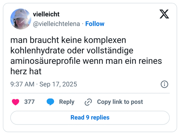 man braucht keine komplexen kohlenhydrate oder vollständige aminosäureprofile wenn man ein reines herz hat