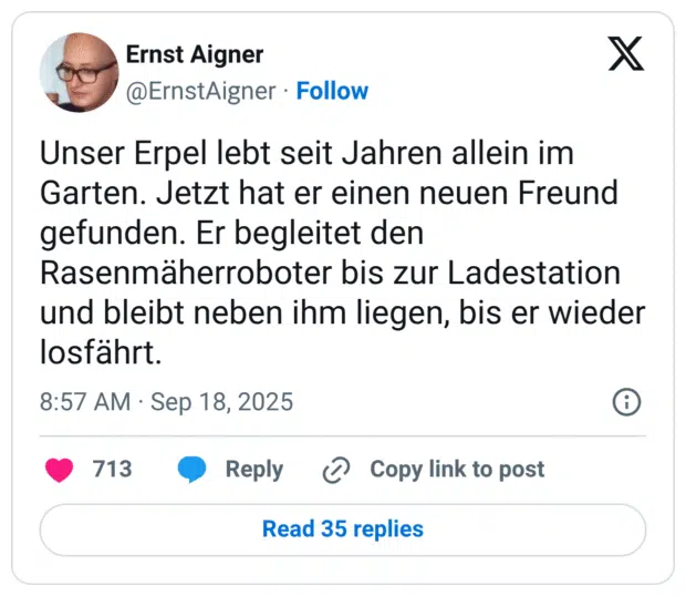 Unser Erpel lebt seit Jahren allein im Garten. Jetzt hat er einen neuen Freund gefunden. Er begleitet den Rasenmäherroboter bis zur Ladestation und bleibt neben ihm liegen, bis er wieder losfährt.