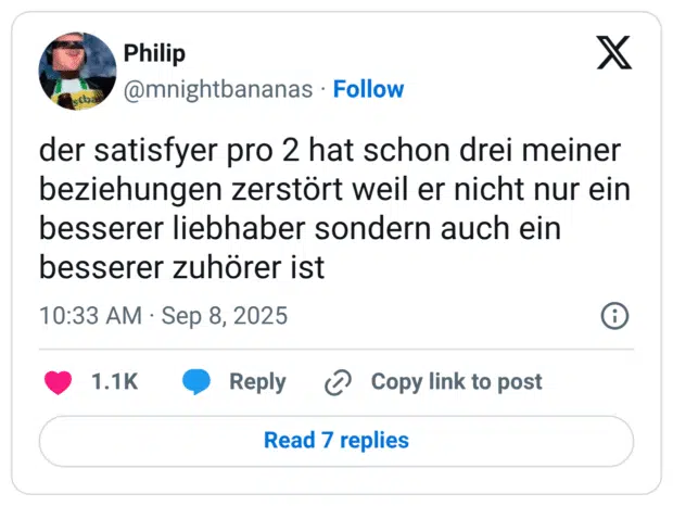 der satisfyer pro 2 hat schon drei meiner beziehungen zerstört weil er nicht nur ein besserer liebhaber sondern auch ein besserer zuhörer ist