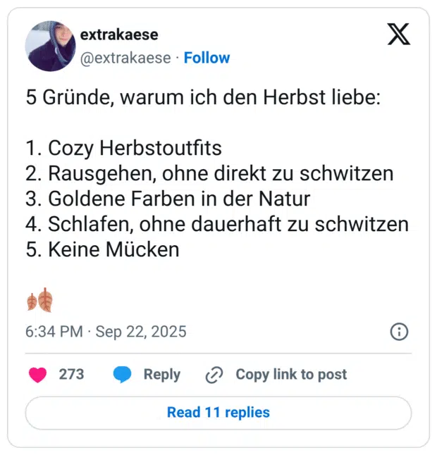 5 Gründe, warum ich den Herbst liebe: 1. Cozy Herbstoutfits 2. Rausgehen, ohne direkt zu schwitzen 3. Goldene Farben in der Natur 4. Schlafen, ohne dauerhaft zu schwitzen 5. Keine Mücken