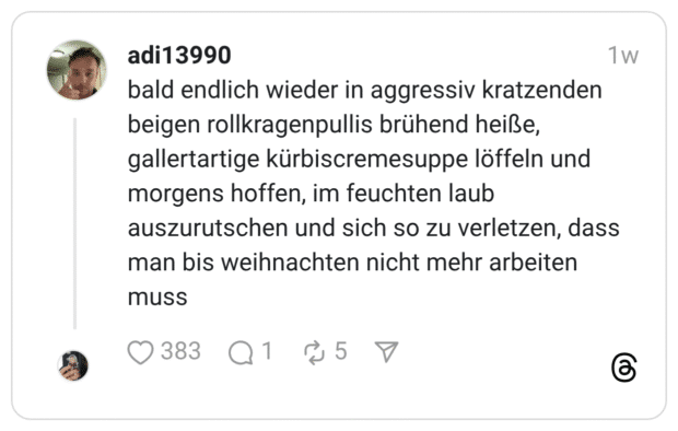 bald endlich wieder in aggressiv kratzenden beigen rollkragenpullis brühend heiße, gallertartige kürbiscremesuppe löffeln und morgens hoffen, im feuchten laub auszurutschen und sich so zu verletzen, dass man bis weihnachten nicht mehr arbeiten muss