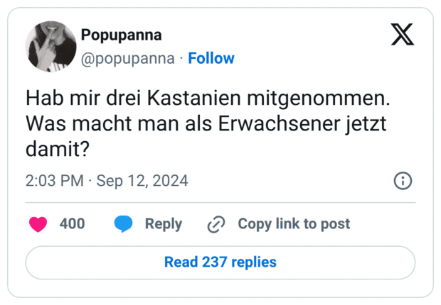 Hab mir drei Kastanien mitgenommen. Was macht man als Erwachsener jetzt damit?