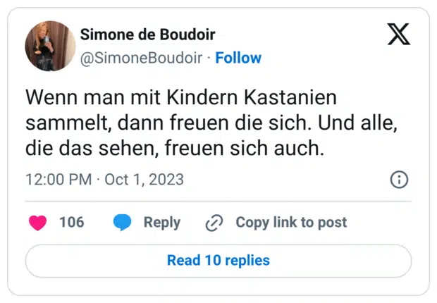 Wenn man mit Kindern Kastanien sammelt, dann freuen die sich. Und alle, die das sehen, freuen sich auch.