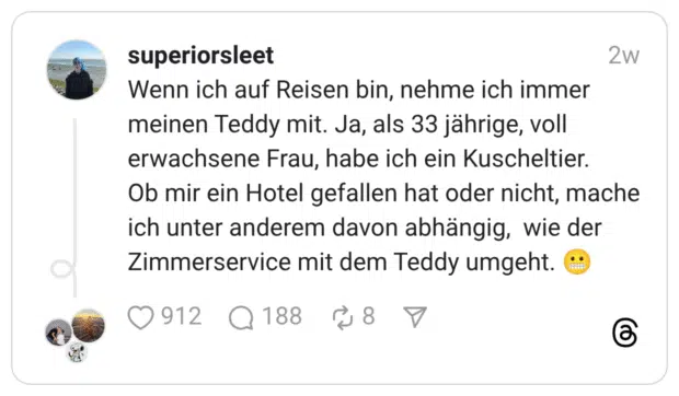 Wenn ich auf Reisen bin, nehme ich immer meinen Teddy mit. Ja, als 33 jährige, voll erwachsene Frau, habe ich ein Kuscheltier. Ob mir ein Hotel gefallen hat oder nicht, mache ich unter anderem davon abhängig, wie der Zimmerservice mit dem Teddy umgeht.