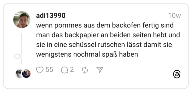 wenn pommes aus dem backofen fertig sind man das backpapier an beiden seiten hebt und sie in eine schüssel rutschen lässt damit sie wenigstens nochmal spaß haben