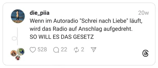 Wenn im Autoradio "Schrei nach Liebe" läuft, wird das Radio auf Anschlag aufgedreht. SO WILL ES DAS GESETZ