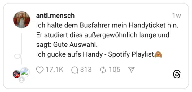 Ich halte dem Busfahrer mein Handyticket hin. Er studiert dies außergewöhnlich lange und sagt: Gute Auswahl. Ich gucke aufs Handy - Spotify Playlist🙈