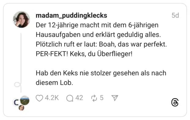 Der 12-jährige macht mit dem 6-jährigen Hausaufgaben und erklärt geduldig alles. Plötzlich ruft er laut: Boah, das war perfekt. PER-FEKT! Keks, du Überflieger! Hab den Keks nie stolzer gesehen als nach diesem Lob.