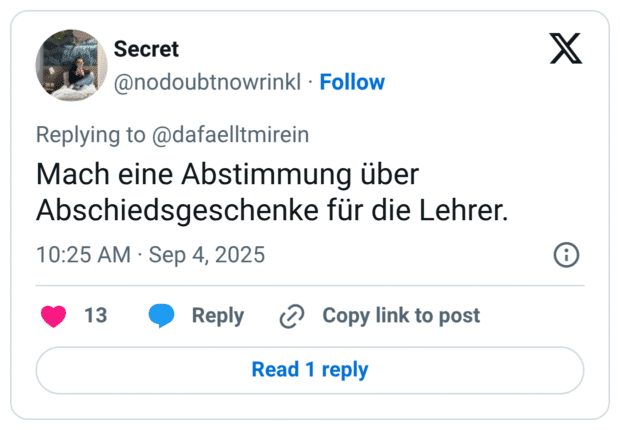 Mach eine Abstimmung über Abschiedsgeschenke für die Lehrer.