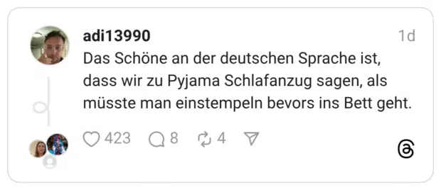 Das Schöne an der deutschen Sprache ist, dass wir zu Pyjama Schlafanzug sagen, als müsste man einstempeln bevors ins Bett geht.