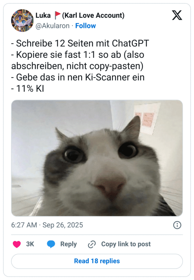 - Schreibe 12 Seiten mit ChatGPT - Kopiere sie fast 1:1 so ab (also abschreiben, nicht copy-pasten) - Gebe das in nen Ki-Scanner ein - 11% KI