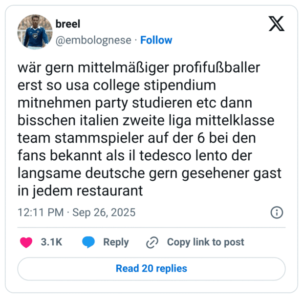 wär gern mittelmäßiger profifußballer erst so usa college stipendium mitnehmen party studieren etc dann bisschen italien zweite liga mittelklasse team stammspieler auf der 6 bei den fans bekannt als il tedesco lento der langsame deutsche gern gesehener gast in jedem restaurant