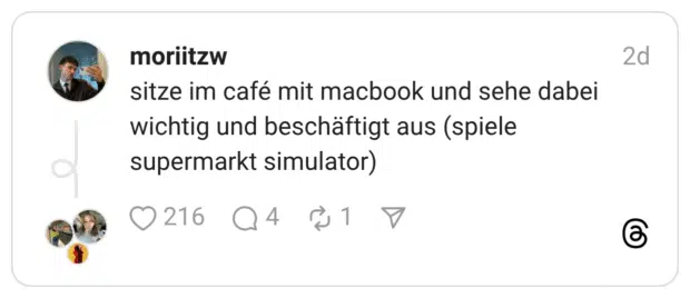 sitze im café mit macbook und sehe dabei wichtig und beschäftigt aus (spiele supermarkt simulator)