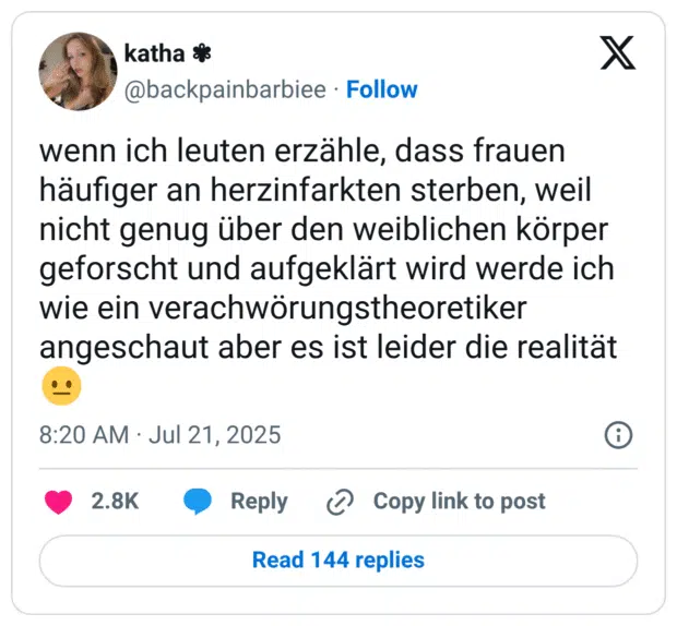 wenn ich leuten erzähle, dass frauen häufiger an herzinfarkten sterben, weil nicht genug über den weiblichen körper geforscht und aufgeklärt wird werde ich wie ein verachwörungstheoretiker angeschaut aber es ist leider die realität 😐