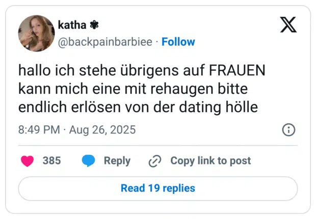 hallo ich stehe übrigens auf FRAUEN kann mich eine mit rehaugen bitte endlich erlösen von der dating hölle