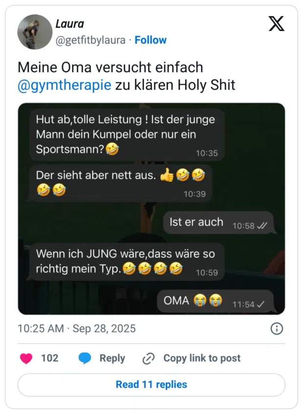 Meine Oma versucht einfach @gymtherapie zu klären Holy Shit