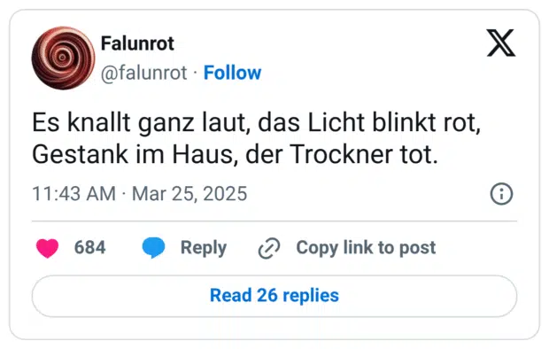 Es knallt ganz laut, das Licht blinkt rot, Gestank im Haus, der Trockner tot.
